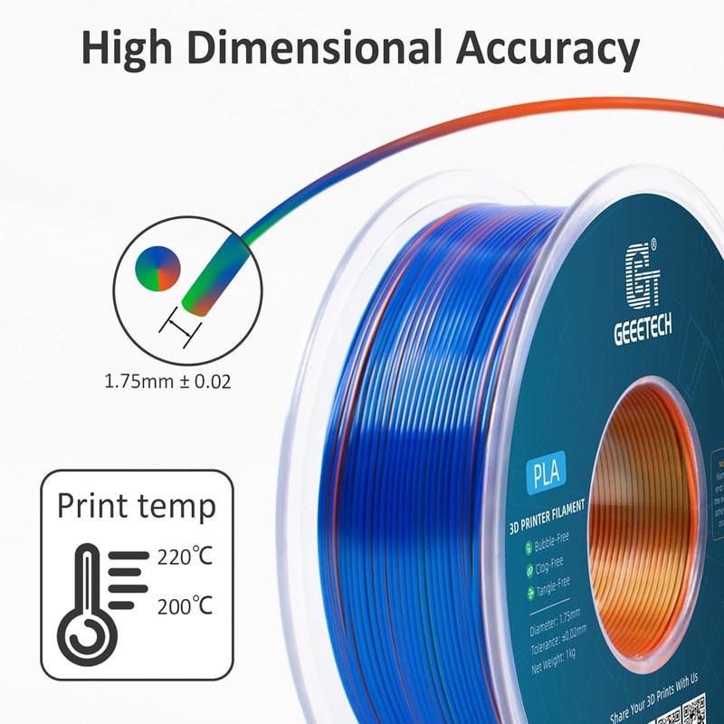 Geeetech خيوط PLA ثلاثية الألوان من نوع 3D Printer Silk، خيوط حريرية لامعة تشبه المعدن بقطر 1.75 مم ووزن 1 كجم (2.2 رطل) ، دقة أبعاد +/- 0.02 مم، ثلاثي الألوان برتقالي أزرق أخضر - Image 5